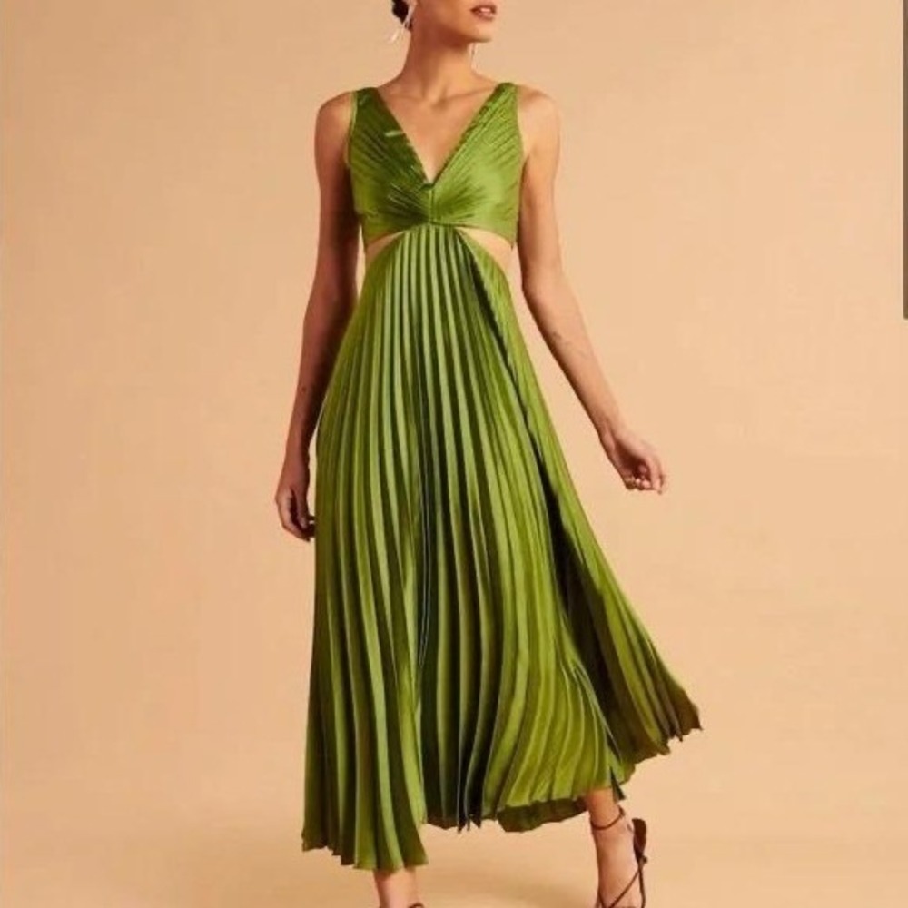 Abercrombie & Fitch Pleated Cutout Maxi Dress Women XS Olive Green Wedding Event